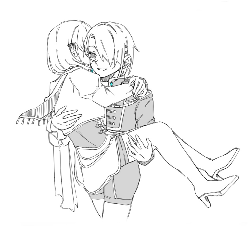 2girls, asngi_1027hana, carrying, hair_ornament, hair_over_one_eye, hair_over_shoulder, hanaaaa_102717, heaven_burns_red