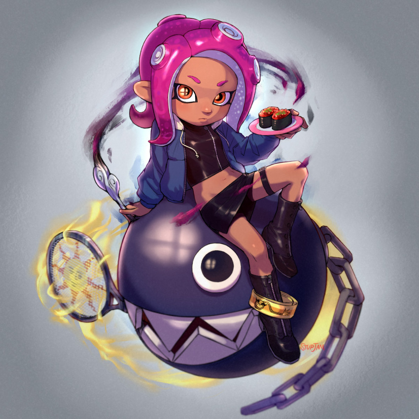 1girl, agent_8_(splatoon), arm_at_side, artist_name, black_footwear, black_shirt, black_skirt, blue_hoodie