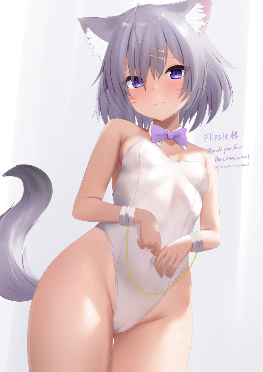 1girl, :3, absurdres, animal_ear_fluff, animal_ears, bare_shoulders, blue_eyes, bound, bound_wrists, bow, bowtie, breasts, cameltoe, cat_ears, cat_girl, cat_tail, collar, commission, covered_navel, cuffs, detached_collar, facial_mark, flipsie_(vtuber), grey_hair, hair_between_eyes, hair_ornament, hairclip, highleg, highleg_leotard, highres, indie_virtual_youtuber, kittysuit, leotard, looking_at_viewer, miwataru, nontraditional_playboy_bunny, purple_bow, purple_bowtie, short_hair, simple_background, skeb_commission, small_breasts, solo, tail, virtual_youtuber, whisker_markings, white_background, white_collar, wing_collar