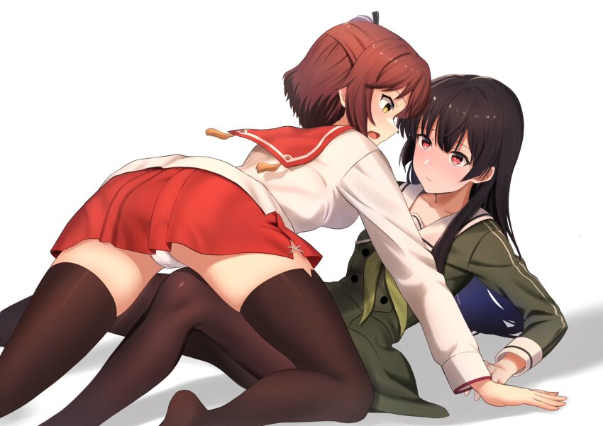 2girls, all_fours, ass, black_hair, black_pantyhose, black_thighhighs, blunt_bangs, breasts