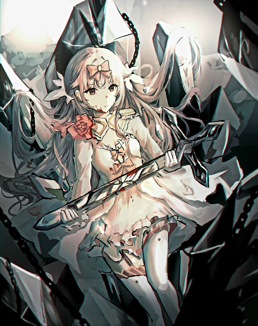 1girl, absurdres, arcaea, bow, breasts, cleavage, dress, flipped_hair, flower, gloves, highres, hikari_(arcaea), hikari_(fatalis)_(arcaea), laetzit_0314, long_sleeves, medium_breasts, pink_bow, pink_eyes, pink_flower, pink_hair, pink_rose, rose, sidelocks, solo, thighhighs, white_dress, white_gloves, white_thighhighs, wide_sleeves