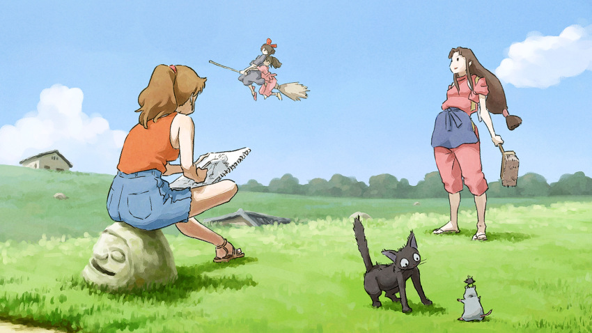 00s, 1980s_(style), 4girls, animal, apron, bare_shoulders, bird, black_cat, broom, broom_riding, brown_hair, cat, child, cloud, company_connection, crossed_legs, crossover, day, drawing, female_focus, field, figure_four_sitting, flip-flops, flying, grass, hakama, hakama_skirt, highres, house, japanese_clothes, jiji_(majo_no_takkyuubin), kiki_(majo_no_takkyuubin), lin_(sen_to_chihiro_no_kamikakushi), long_hair, majo_no_takkyuubin, mouse_(animal), multiple_girls, ogino_chihiro, oldschool, outdoors, pencil, ponytail, red_shirt, retro_artstyle, rin_(chihiro), sandals, sen_to_chihiro_no_kamikakushi, shirt, shorts, sitting, sketchbook, skirt, sky, statue, studio_ghibli, tnt_(aaaazzzz), ursula_(majo_no_takkyuubin), yuri
