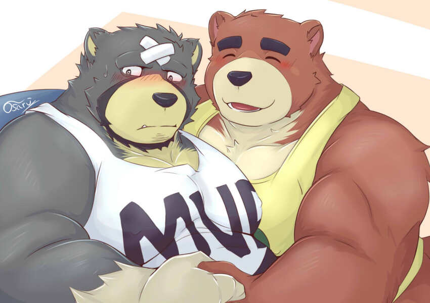 2boys, animal_crossing, animal_ear_fluff, animal_ears, artist_name, bandaid, bandaid_on_face, bandaid_on_forehead, bara, bear_boy, bear_ears, beard, biceps, blush, brown_fur, closed_eyes, closed_mouth, commentary, curt_(animal_crossing), english_commentary, facial_hair, fang, fat, fat_man, furry, furry_male, grey_fur, highres, holding_hands, hug, looking_at_another, looking_to_the_side, male_focus, multiple_boys, muscular, muscular_male, nintendo, no_pants, open_mouth, osaru_(bon_donuts), pectoral_cleavage, pectorals, shy, signature, simple_background, smile, tank_top, teddy_(animal_crossing), white_tank_top, yaoi, yellow_tank_top