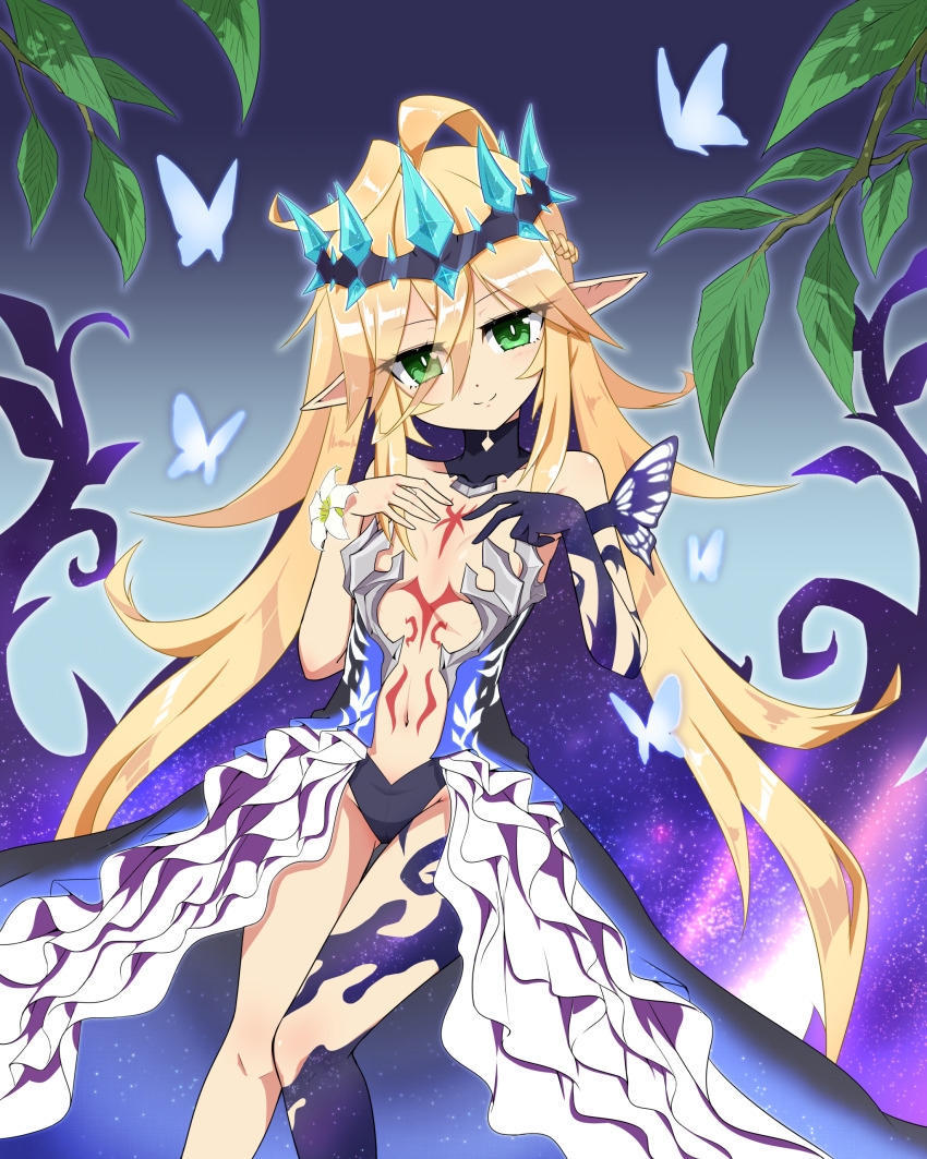 1girl, 1up_(solid2), absurdres, antenna_hair, bare_shoulders, blonde_hair, blue_butterfly, body_markings