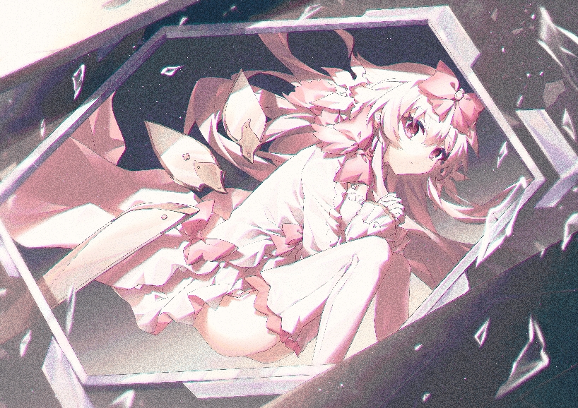 1girl, arcaea, bow, broken_glass, closed_mouth, commentary, detached_wings, dress