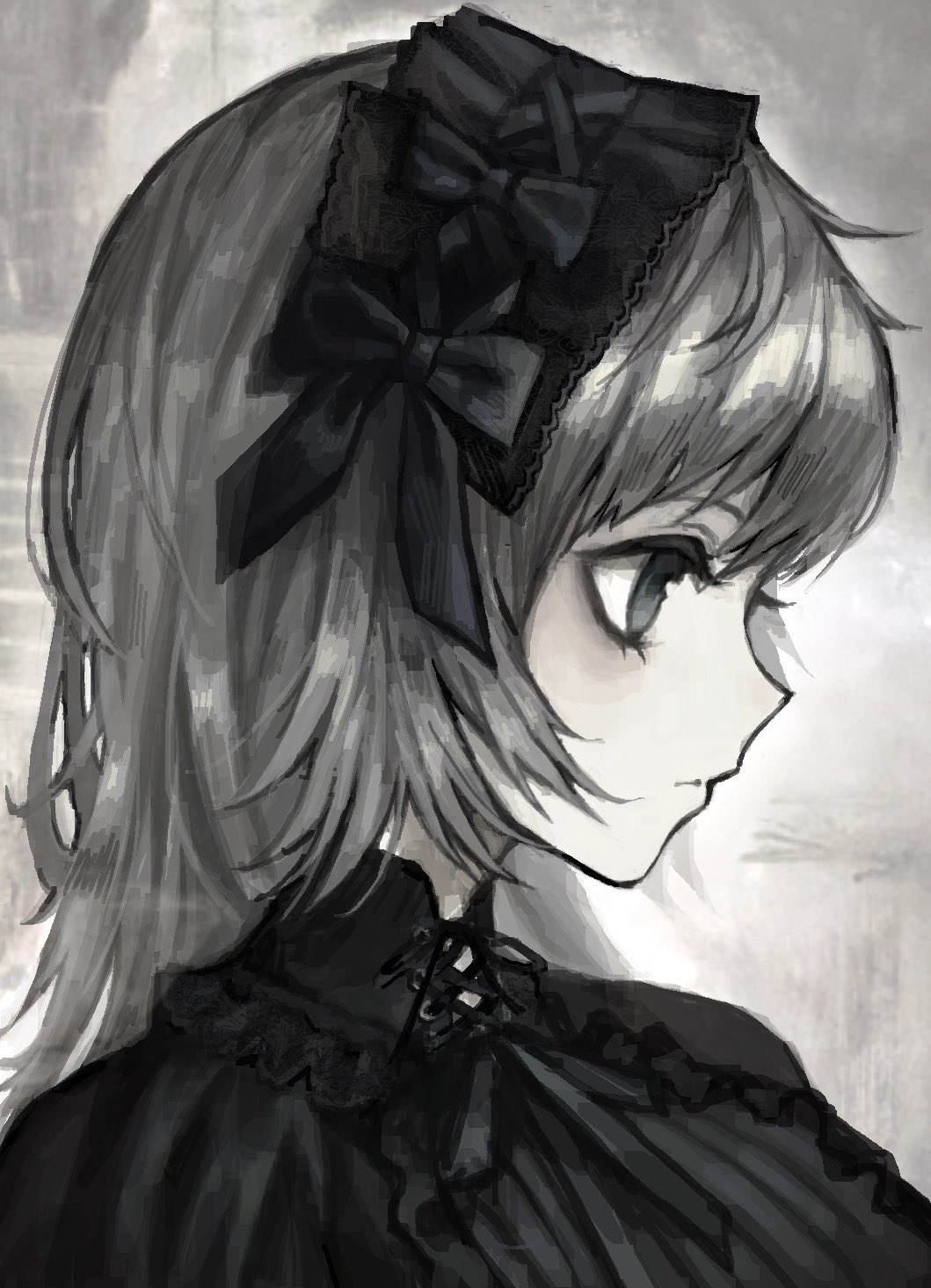 1girl, bow, cross-laced_collar, expressionless, gd783hhh, gothic_lolita, grey_eyes, grey_hair