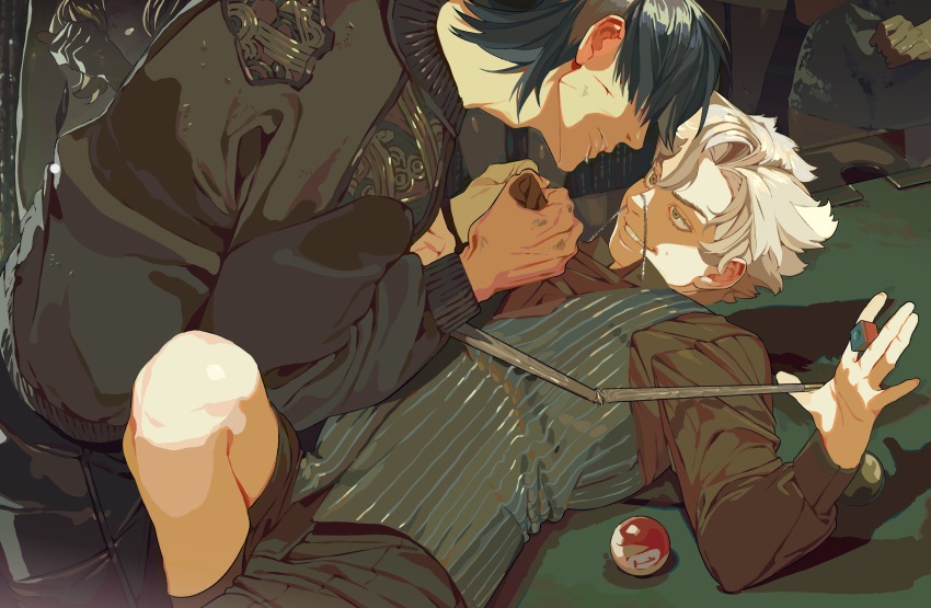 1other, 2boys, absurdres, ball, billiard_ball, billiard_chalk, black_hair, black_pants