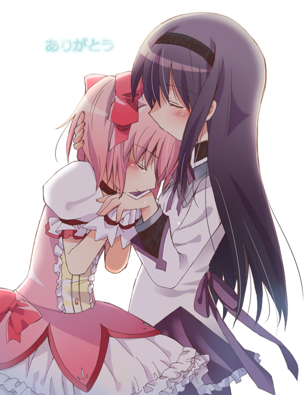 10s, 2girls, akemi_homura, akemi_homura_(magical_girl), black_hair, closed_eyes, hairband, kaname_madoka