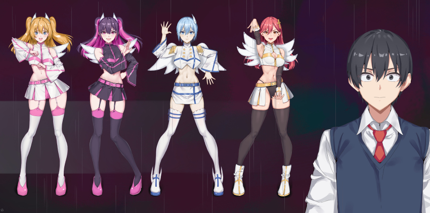 1boy, 2.5_jigen_no_ririsa, 4girls, :d, absurdres, amano_ririsa, arm_up, bare_shoulders