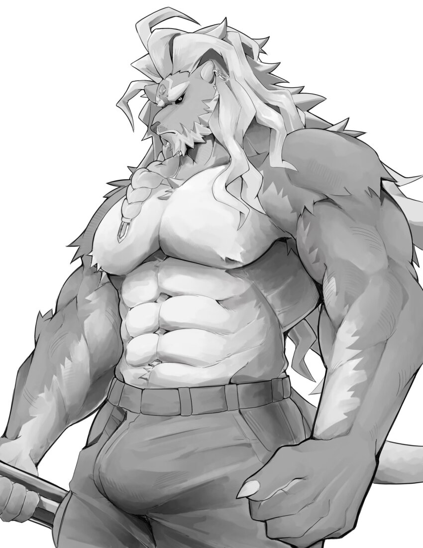 1boy, abs, animal_ears, bara, black_sclera, braid, bulge, claws, clenched_hands, colored_sclera, commentary, dislyte, ear_piercing, english_commentary, furry, furry_male, greyscale, highres, holding, holding_weapon, javid_(shamash)_(dislyte), lion_boy, lion_ears, lion_mane, lion_tail, looking_at_viewer, male_focus, monochrome, muscular, muscular_male, navel, pectorals, piercing, profile, tail, topless_male, weapon, white_background, yuku31897736