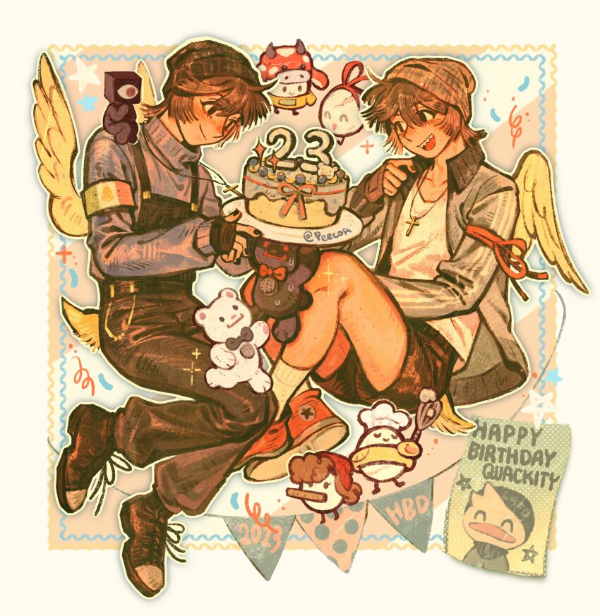 2boys, absurdres, beanie, bird_boy, bird_tail, bird_wings, birthday, black_overalls