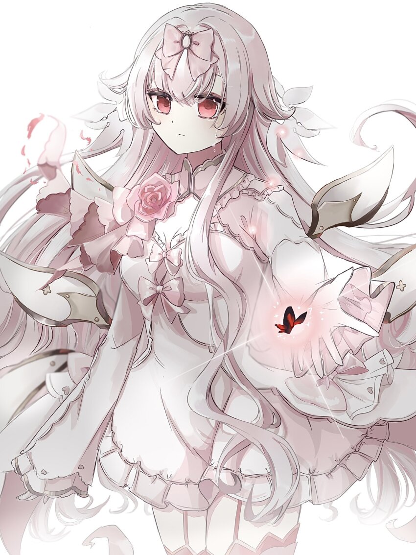 1girl, 4nka_marine, arcaea, backlighting, bow, bug, butterfly, closed_mouth, cowboy_shot, detached_wings, dress, frilled_dress, frills, garter_straps, gloves, glowing_butterfly, hair_bow, hair_flaps, highres, hikari_(arcaea), hikari_(fatalis)_(arcaea), insect, light_blush, long_hair, long_sleeves, mechanical_wings, pink_bow, red_butterfly, red_eyes, simple_background, sketch, solo, tears, thighhighs, very_long_hair, white_background, white_dress, white_gloves, white_hair, wings