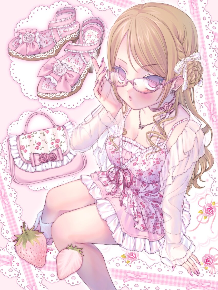 1girl, absurdres, adjusting_eyewear, bag, blonde_hair, braid, braided_bun, breasts