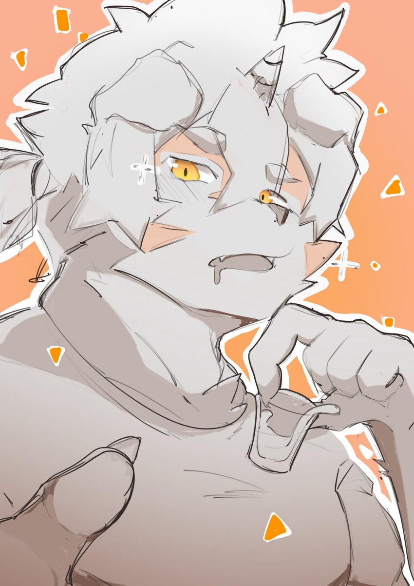 1boy, arknights, claws, commentary, cup, drinking_glass, drooling, drunk