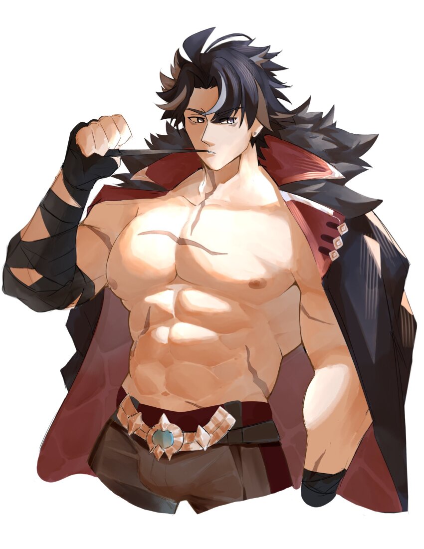 1boy, abs, bandage_in_mouth, bandaged_arm, bandages, bara, coat, coat_on_shoulders, ear_piercing, genshin_impact, grey_pants, hashtag-only_commentary, highres, looking_to_the_side, male_focus, multicolored_hair, multiple_scars, muscular, muscular_male, navel, nipples, pants, pectorals, piercing, scar, scar_on_arm, scar_on_chest, scar_on_stomach, topless_male, white_background, wriothesley_(genshin_impact), yuku31897736