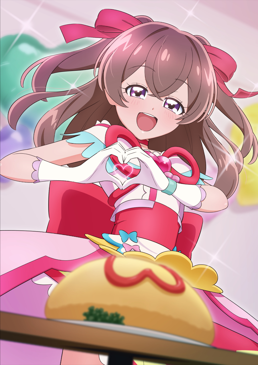 1girl, :d, apron, back_bow, balloon, bare_shoulders, bishie_sparkle, blurry