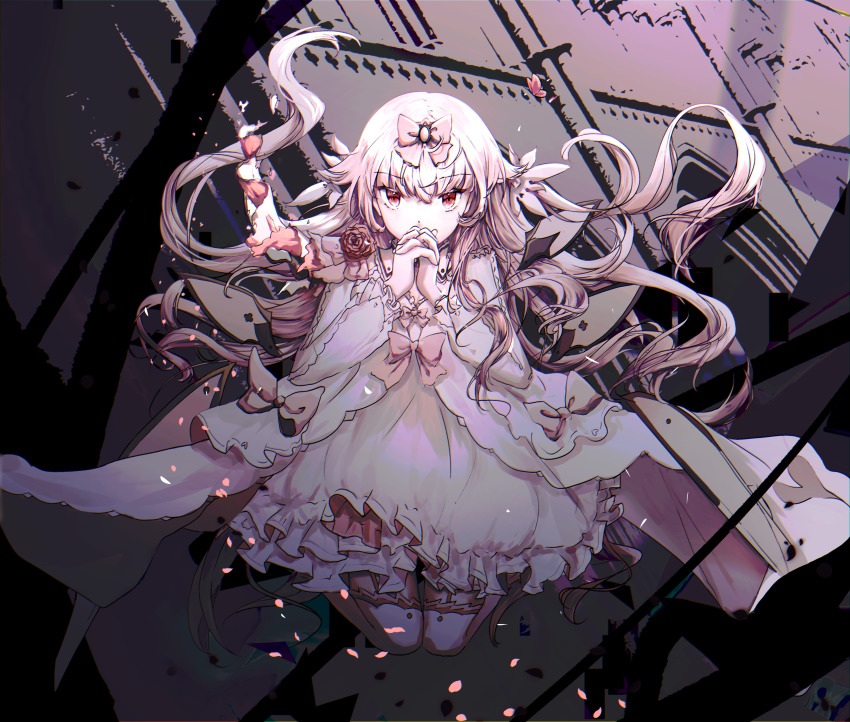 1girl, absurdres, arcaea, bow, breasts, bug, butterfly, cleavage, dress, flipped_hair, flower, gloves, highres, hikari_(arcaea), hikari_(fatalis)_(arcaea), insect, laetzit_0314, long_sleeves, medium_breasts, pink_bow, pink_eyes, pink_flower, pink_hair, pink_rose, rose, sidelocks, solo, thighhighs, white_dress, white_gloves, white_thighhighs, wide_sleeves