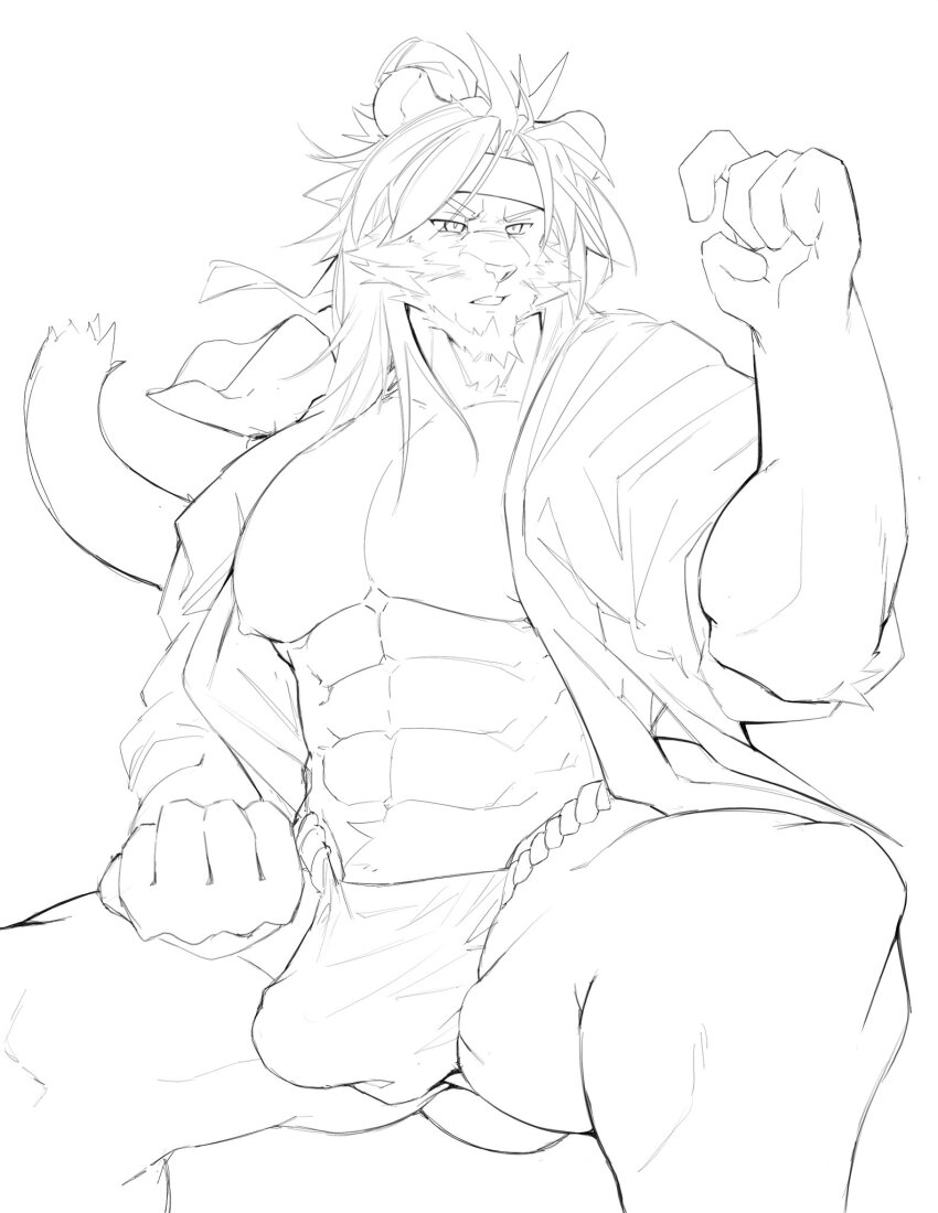 1boy, abs, animal_ears, arknights, bara, bare_pectorals, beard, clenched_hand