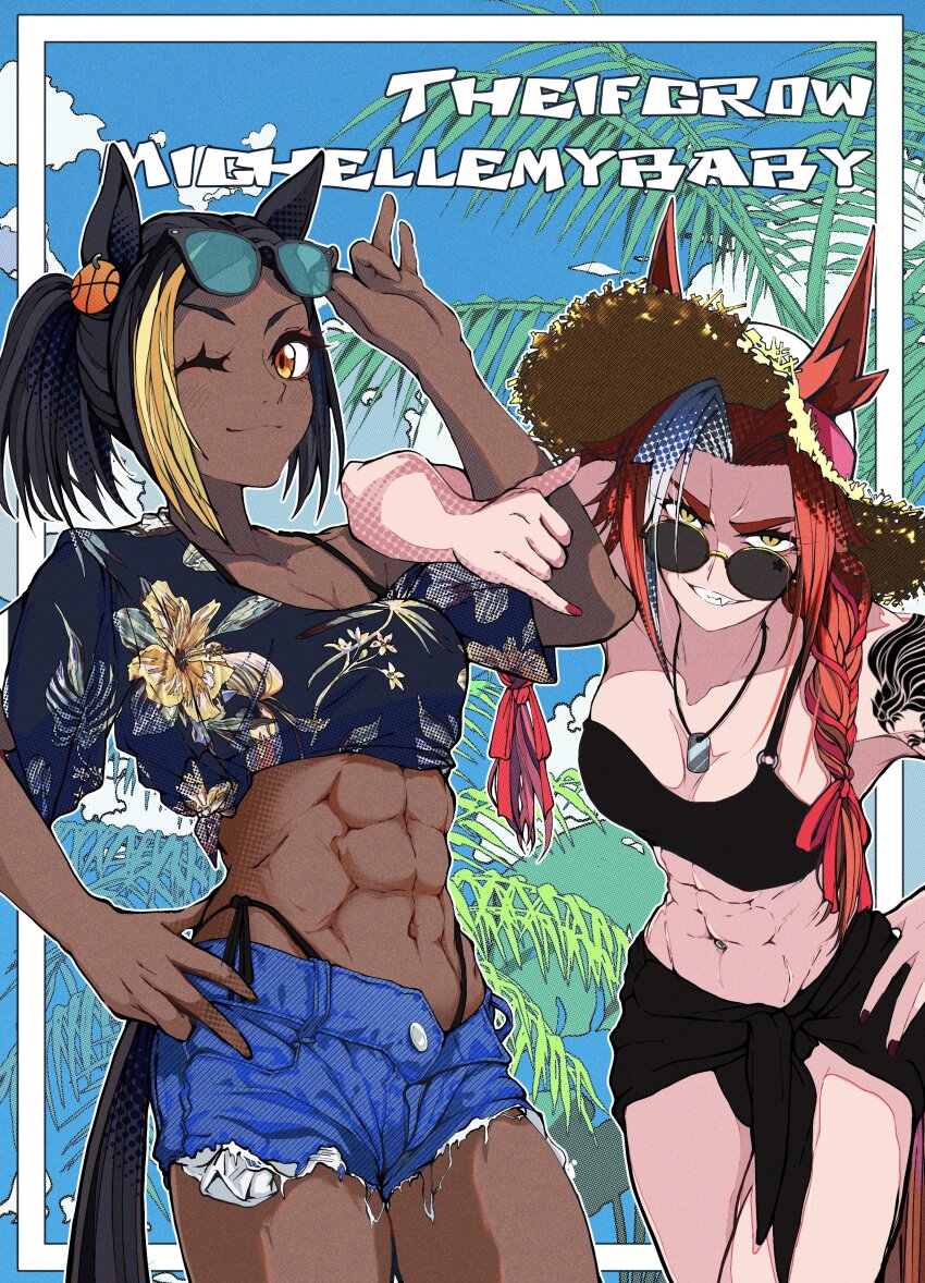 2girls, abs, absurdres, animal_ears, aqua-tinted_eyewear, arm_tattoo, arm_up, bikini