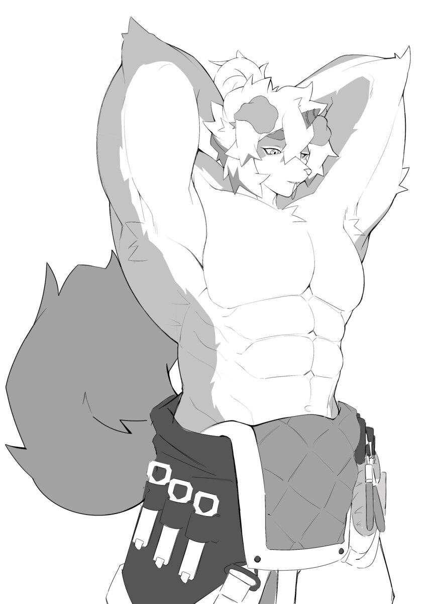 1boy, abs, arknights, armpits, arms_behind_head, bara, commentary, english_commentary