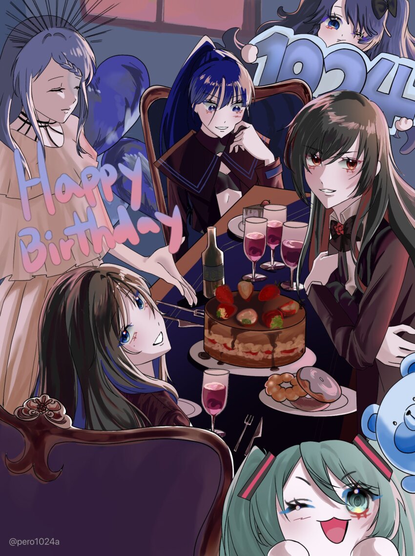 6+girls, :3, ado_(utaite), aqua_hair, bikini, birthday_cake, black_bikini, black_hair, black_sailor_collar, black_shirt, blue_eyes, blue_hair, blush, bottle, braid, braided_bangs, breasts, cake, chair, chando_(ado), chibi, cleavage, colored_inner_hair, commentary_request, cup, dated, donut, dress, drinking_glass, food, gira-gira-chan_(ado), gira_gira, gloves, happy_birthday, hatsune_miku, heart, highres, korean_commentary, long_hair, long_sleeves, lucky_bruto, midriff, mole, mole_under_eye, multicolored_hair, multiple_girls, naima_(ado), navel, one_eye_closed, open_clothes, open_mouth, open_shirt, pero1024a, red_eyes, red_hair, sailor_collar, shirt, sitting, swimsuit, twintails, usseewa, utaite, vocaloid, white_dress, white_gloves, wine_glass