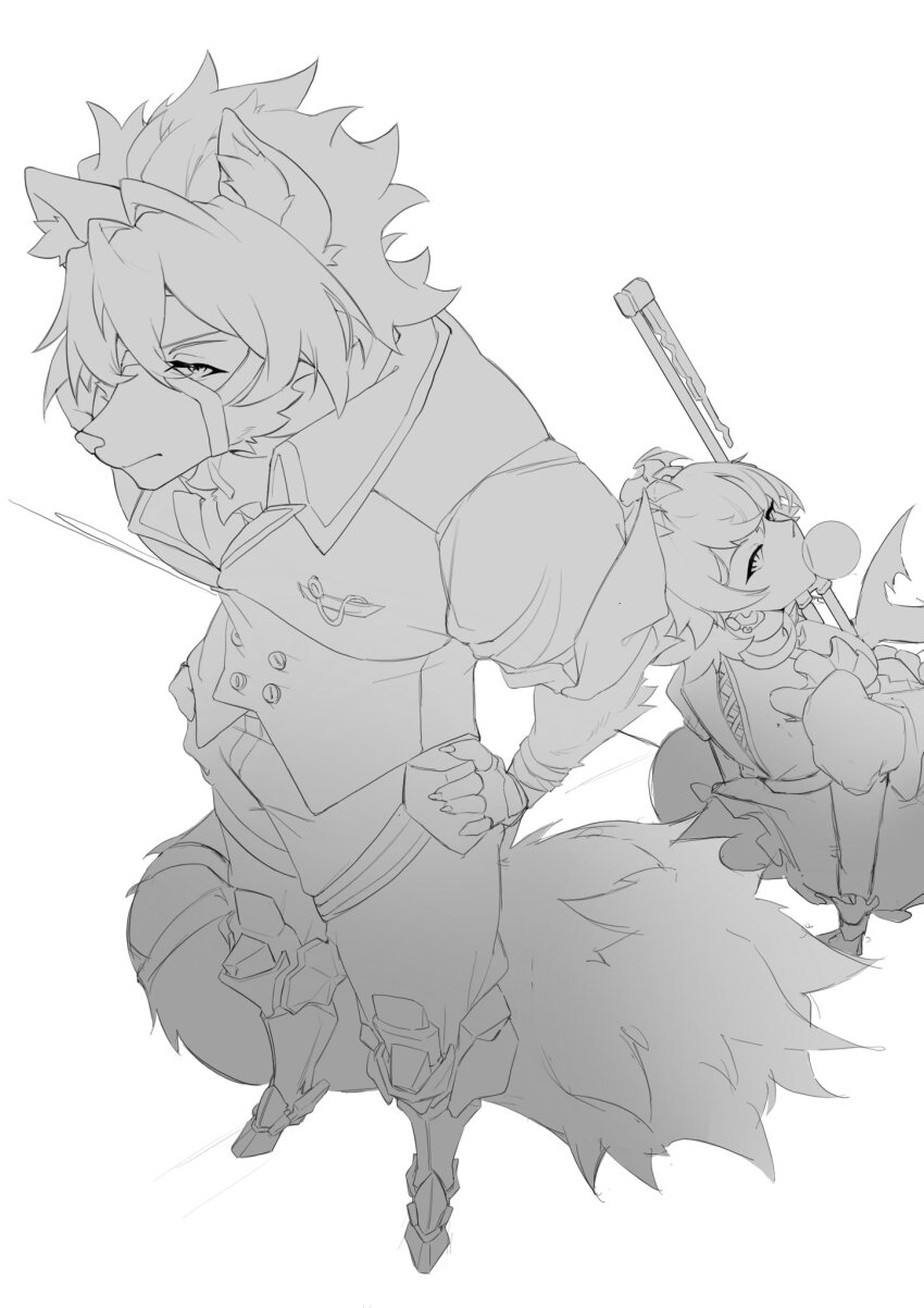 1boy, 1girl, animal_ears, butler, chewing_gum, claws, ellen_joe, furry, furry_male, hands_on_own_hips, hashtag-only_commentary, highres, holding, holding_weapon, looking_at_viewer, looking_back, maid, prosthesis, prosthetic_leg, shark_girl, sitting, sketch, sleeves_rolled_up, standing, tail, vest, von_lycaon, weapon, wolf_boy, wolf_ears, wolf_tail, yuku31897736, zenless_zone_zero
