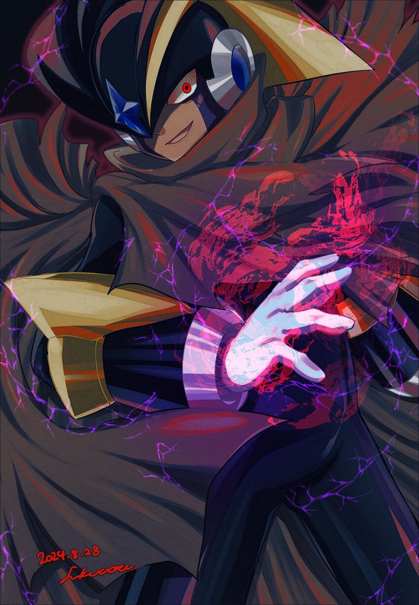 1boy, aura, baron-0628, bass.exe_(mega_man), black_background, black_bodysuit, black_helmet, bodysuit