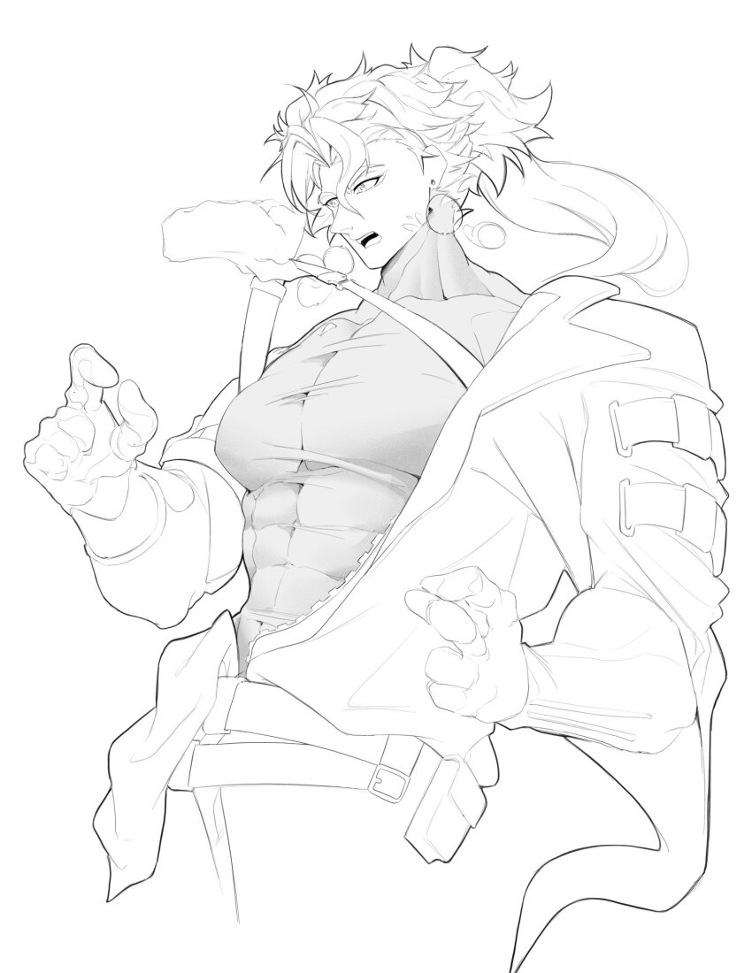 1boy, abs, bara, disembodied_hand, ear_piercing, greyscale, harness_pull, hashtag-only_commentary