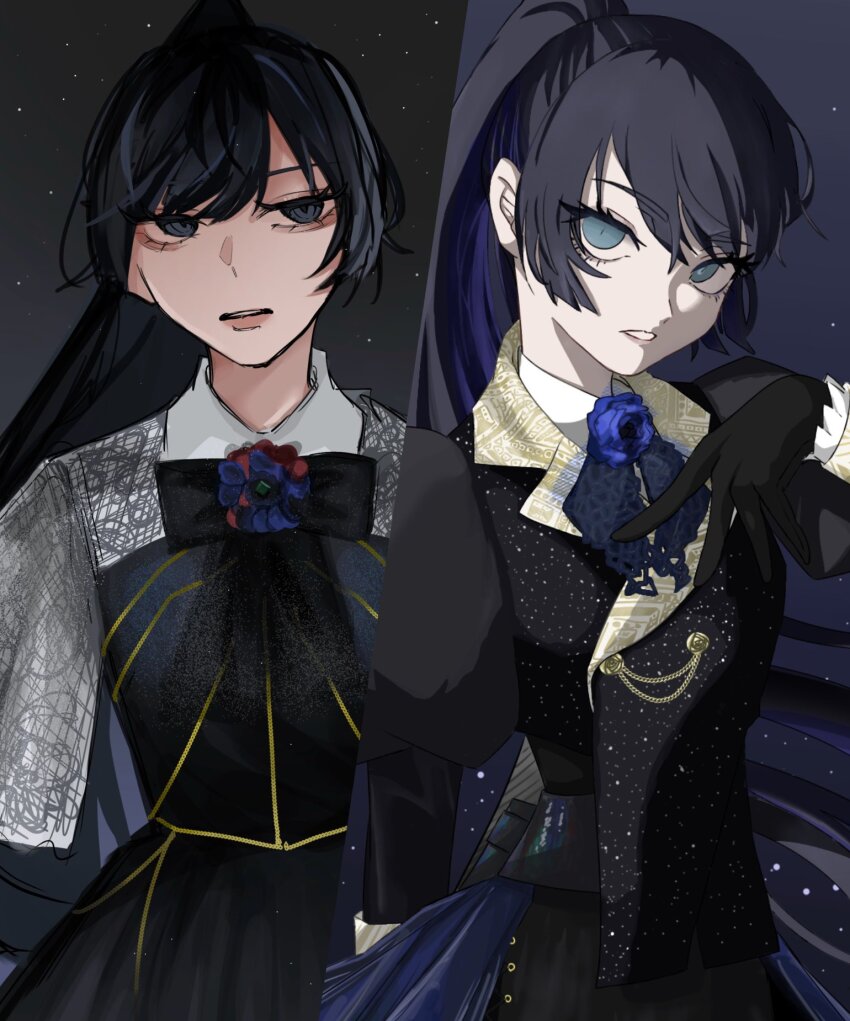 1girl, ado_(utaite), aegyo_sal, artist_collaboration, black_bow, black_bowtie, black_gloves, black_hair, black_vest, blue_eyes, blue_flower, blue_hair, blue_rose, bow, bowtie, brooch, chando_(ado), colored_inner_hair, commentary_request, flower, flower_brooch, gloves, hand_on_own_chest, highres, long_hair, looking_at_viewer, maro_1024, multicolored_hair, multiple_views, open_mouth, ponytail, rose, shinzou_(ado), utaite, vest, yukisabu898266