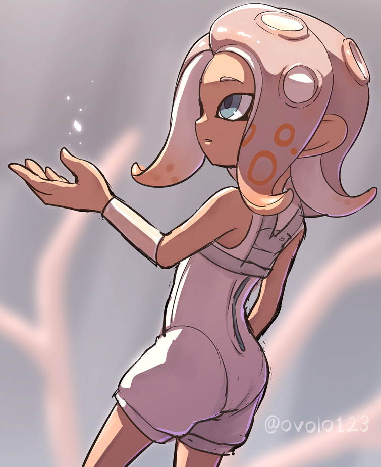 1girl, agent_8_(splatoon), arm_up, ass, blue_eyes, bodysuit, from_behind, nintendo