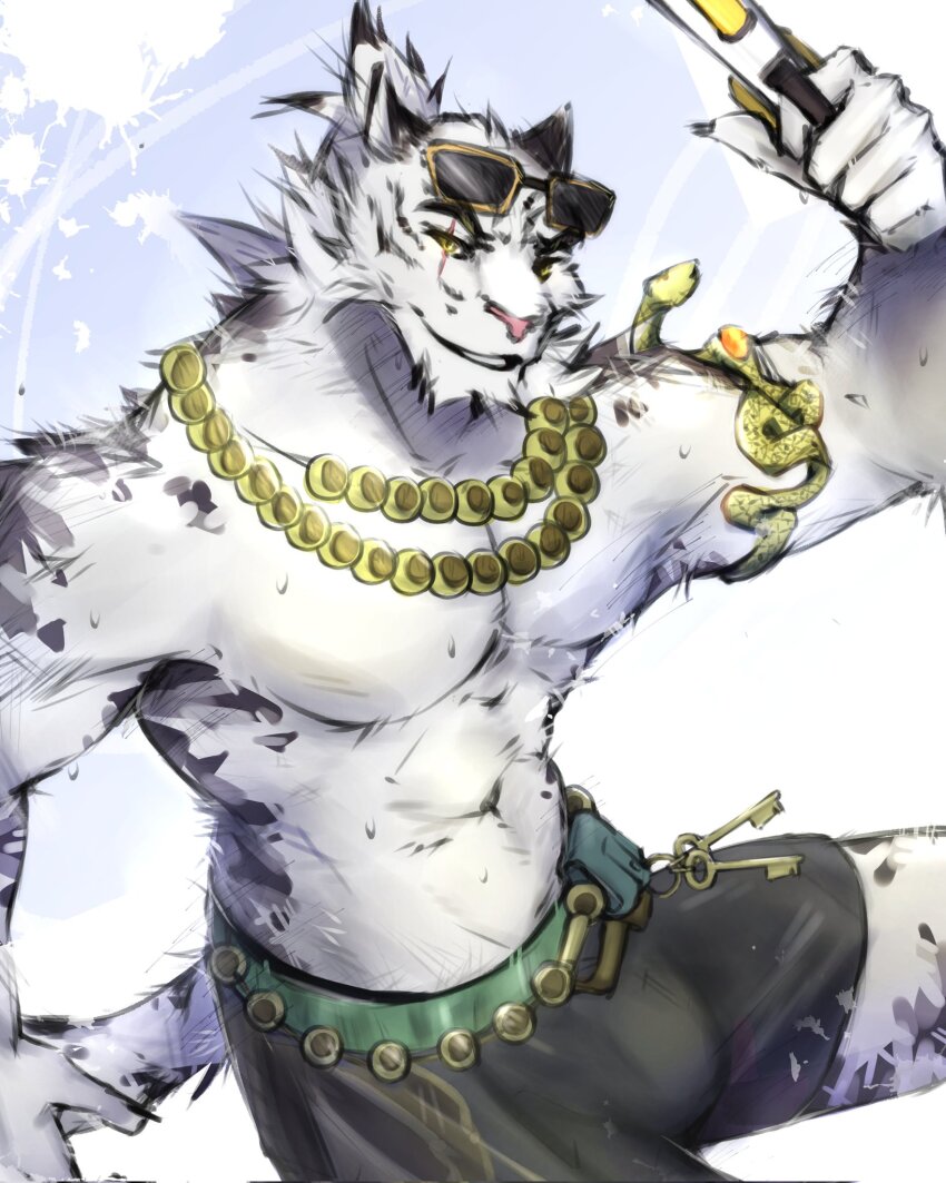1boy, abs, animal_ears, armlet, black_male_underwear, bulge, commentary, dislyte