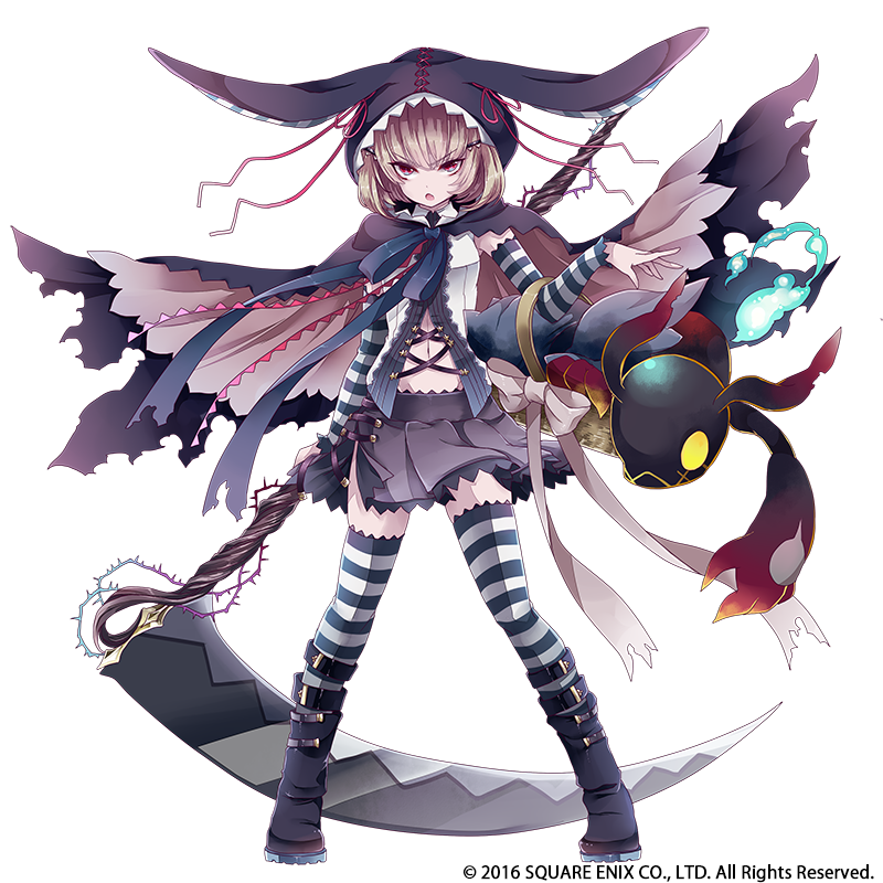 10s, 1girl, 2016, basket, bati15, blonde_hair, blue_ribbon, chaos_red_riding_hood_(grimms_notes), cloak, copyright_notice, detached_sleeves, full_body, grimms_notes, holding, holding_basket, hood, hooded_cloak, long_ribbon, midriff, navel, purple_hood, purple_skirt, red_eyes, ribbon, scythe, simple_background, skirt, socks, solo, striped_clothes, striped_sleeves, striped_socks, weapon, white_background