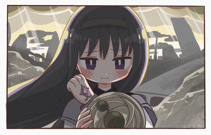 1girl, akemi_homura, akemi_homura_(magical_girl), black_hair, black_hairband, cloud, cloudy_sky, hairband