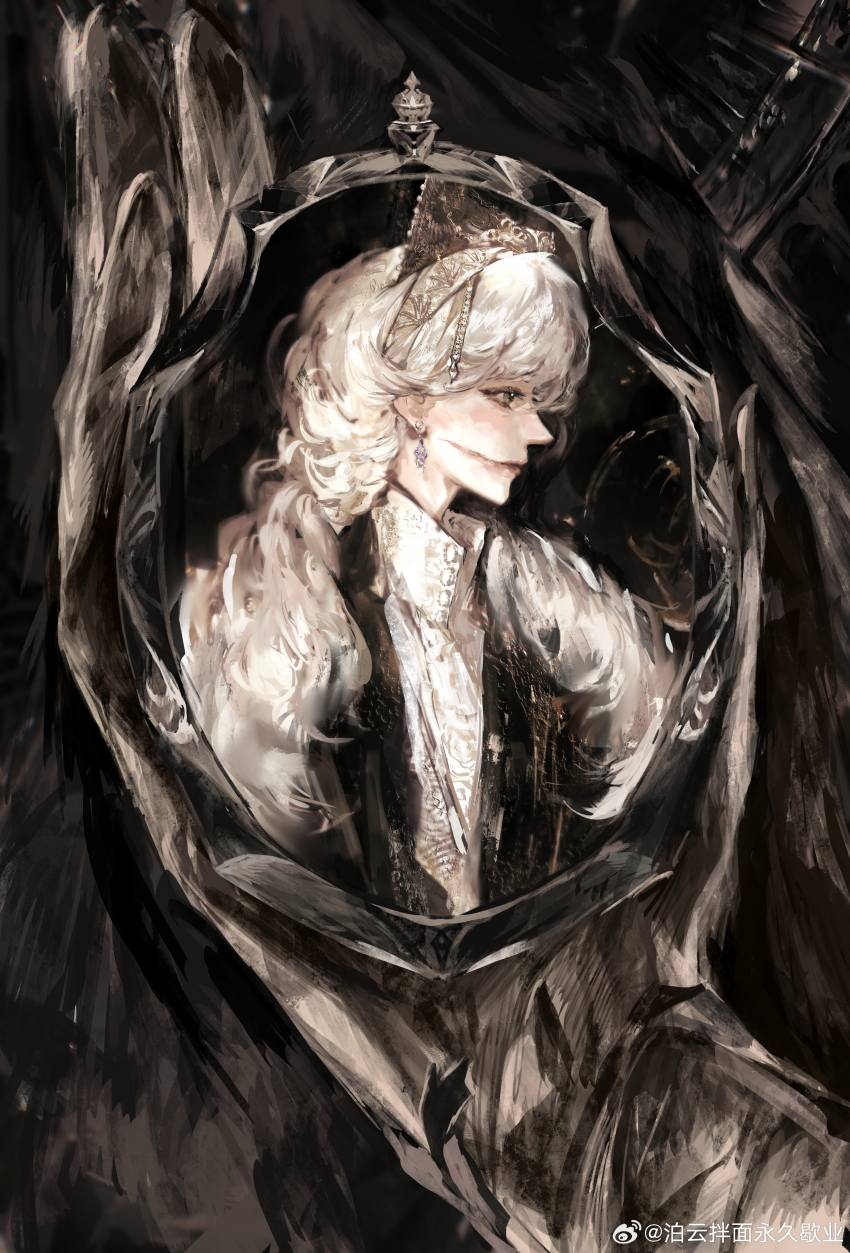 1girl, absurdres, black_eyes, closed_mouth, earrings, eyelashes, floating_earrings, gem