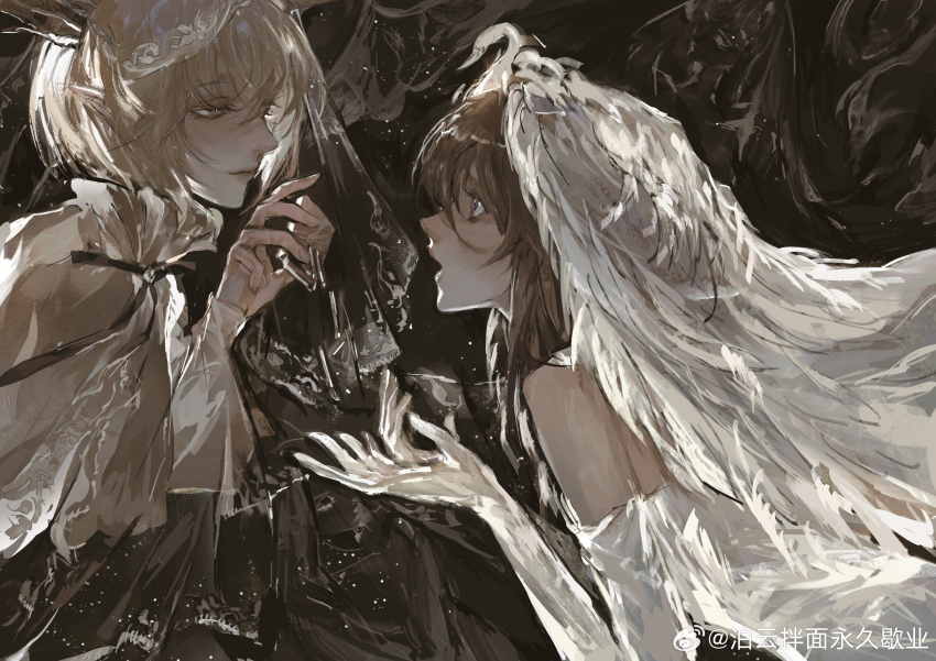 1boy, 1girl, absurdres, blonde_hair, brown_eyes, brown_hair, closed_mouth, dress