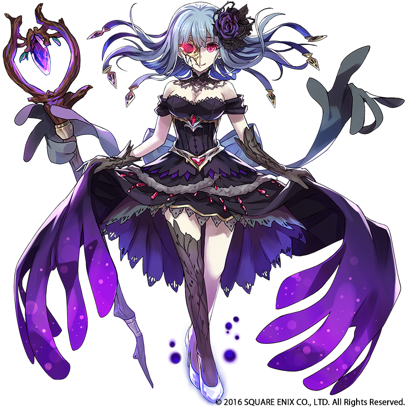 black_dress, blue_hair, breasts, chaos_cinderella_(grimms_notes), cleavage, copyright_notice, dress, extra_hands, eye_mask, flower, full_body, glass_slipper, gloves, glowing, glowing_eyes, grimms_notes, holding, holding_staff, holding_weapon, kusano_shinta, long_hair, mask, purple_flower, purple_rose, red_eyes, rose, simple_background, single_sock, smile, socks, staff, weapon, white_background