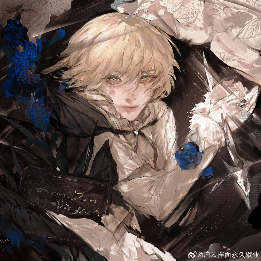 1boy, absurdres, blonde_hair, blue_flower, closed_mouth, eyelashes, flower, frills