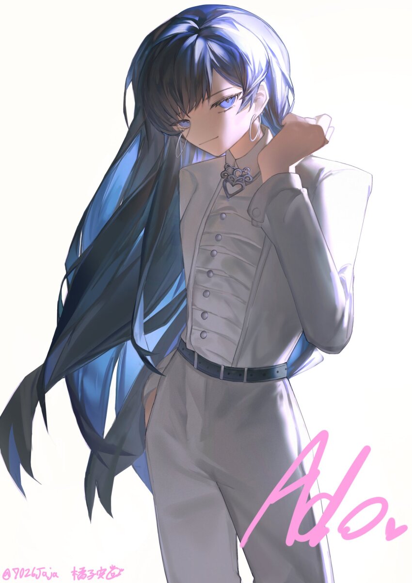 1girl, 7026jaja, ado_(utaite), arm_up, belt, black_belt, black_hair, blue_eyes