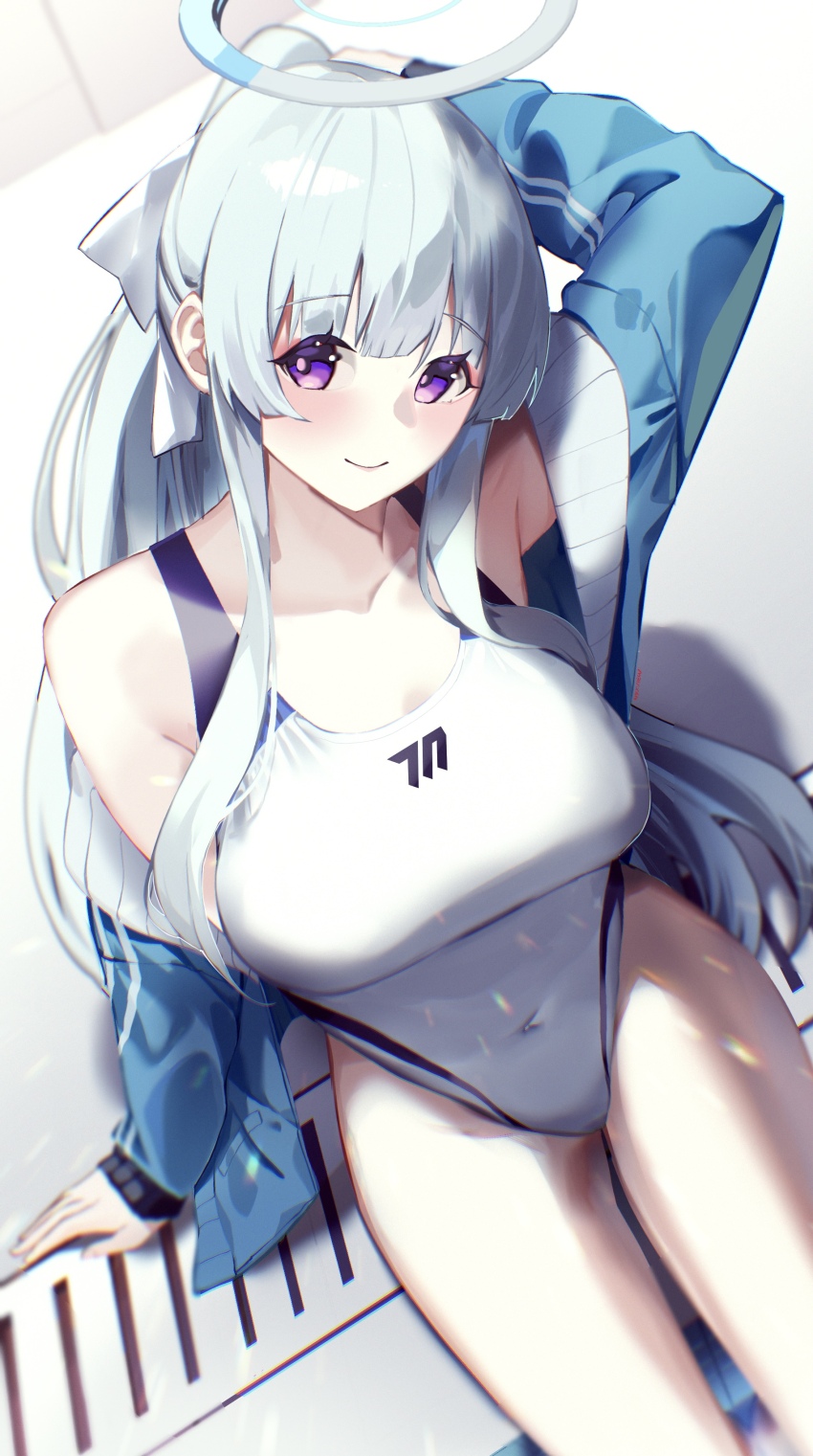 1girl, absurdres, blue_archive, blue_hair, blue_halo, blue_jacket, blurry, blush