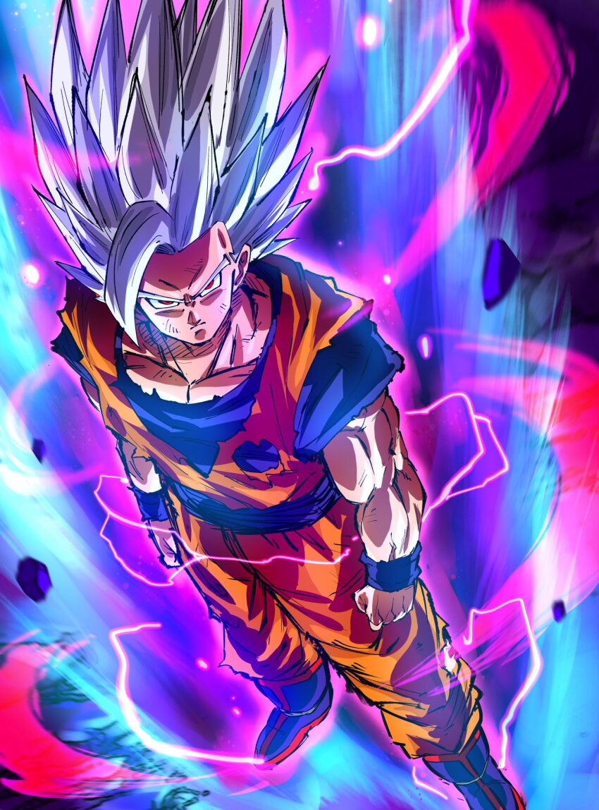 1boy, aura, blue_sash, blue_shirt, clenched_hands, commentary, dougi, dragon_ball