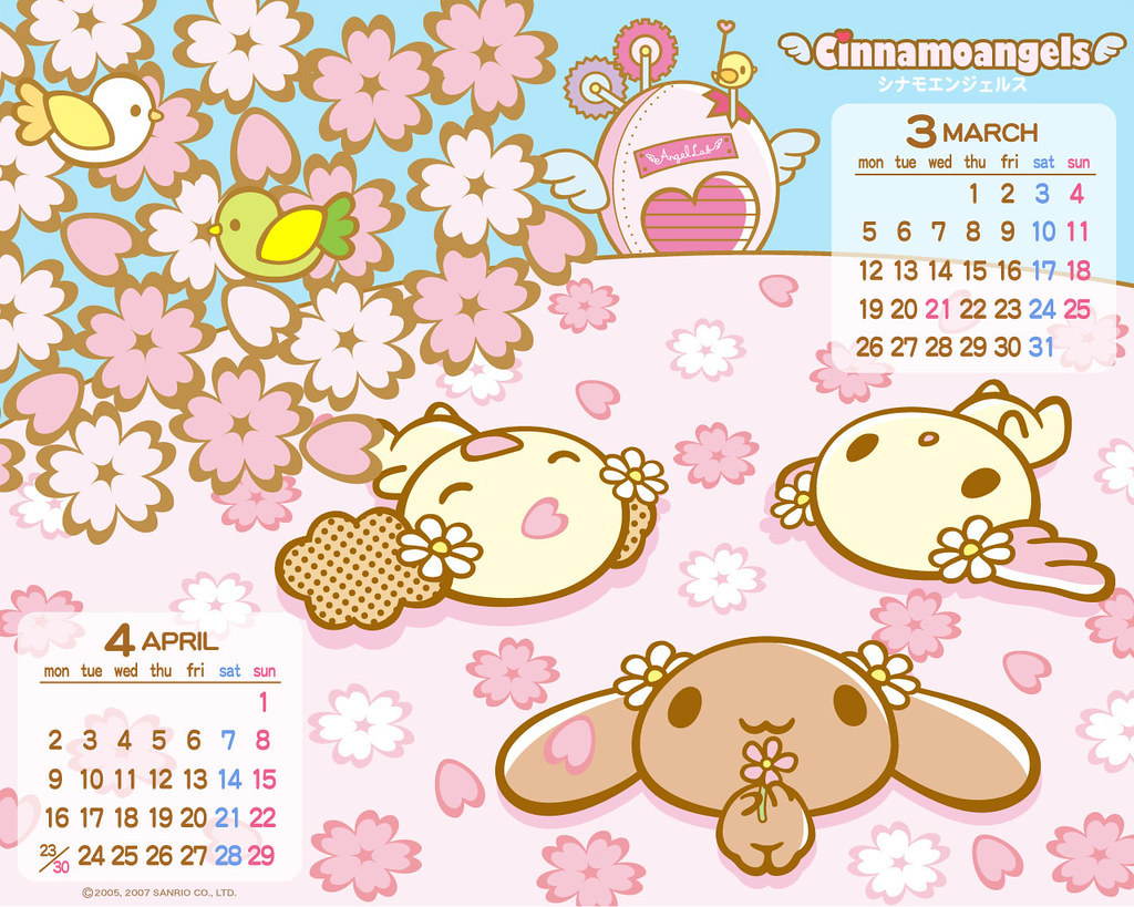 :3, animal_focus, azuki_(cinnamoroll), calendar_(medium), cherry_blossoms, chibi, chibi_only, chiffon_(cinnamoroll)
