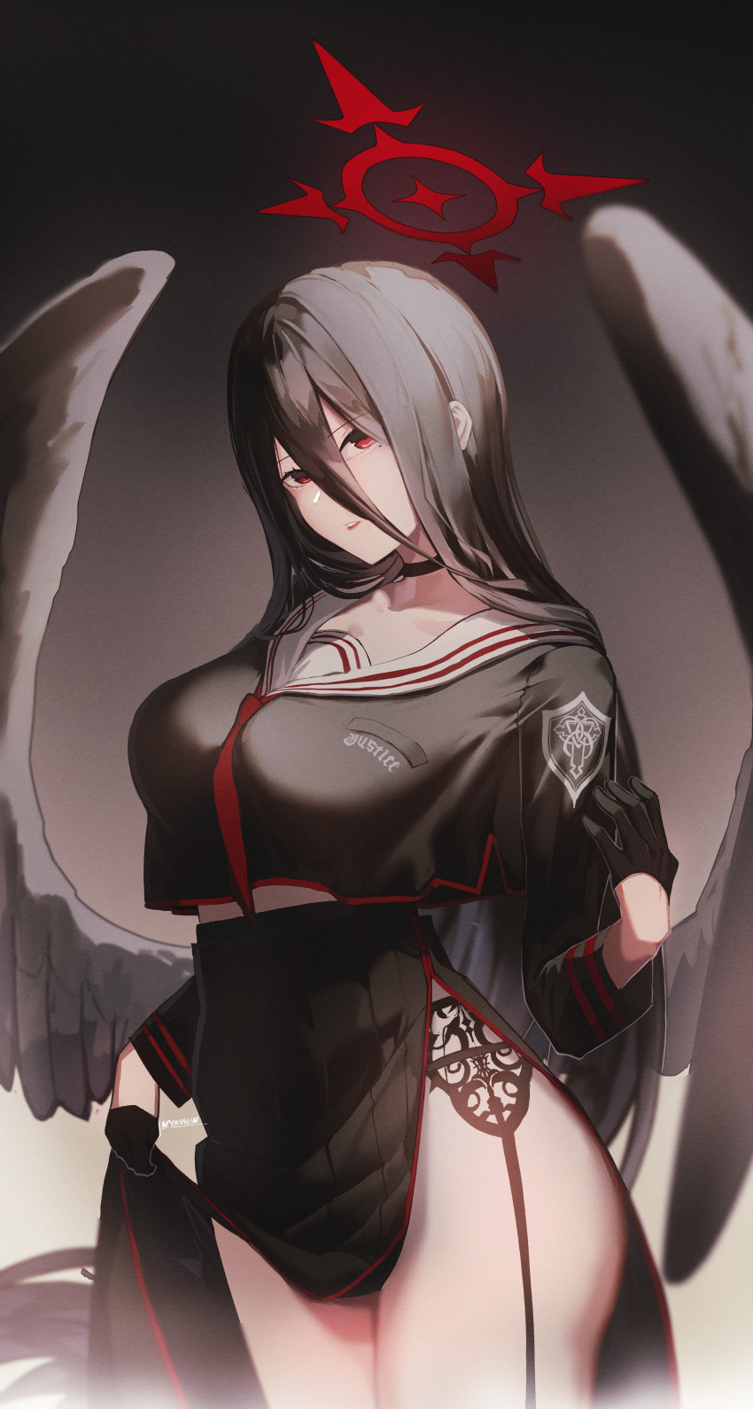 1girl, absurdres, artist_name, black_choker, black_gloves, black_hair, black_wings, blue_archive