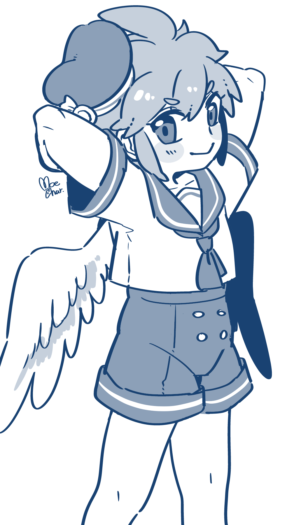 1boy, :>, alternate_costume, androgynous, angel, angel_wings, arms_behind_head, beret