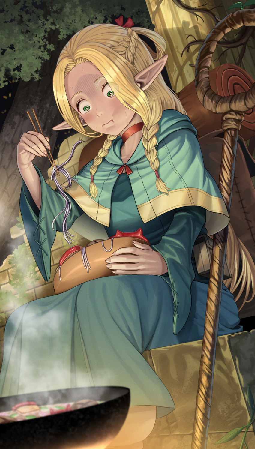 1girl, absurdres, blonde_hair, blue_capelet, blue_robe, bowl, braid, bug