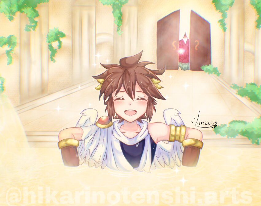 angel, angel_wings, armlet, brown_hair, closed_eyes, glowing, glowing_eye, gold_armlet