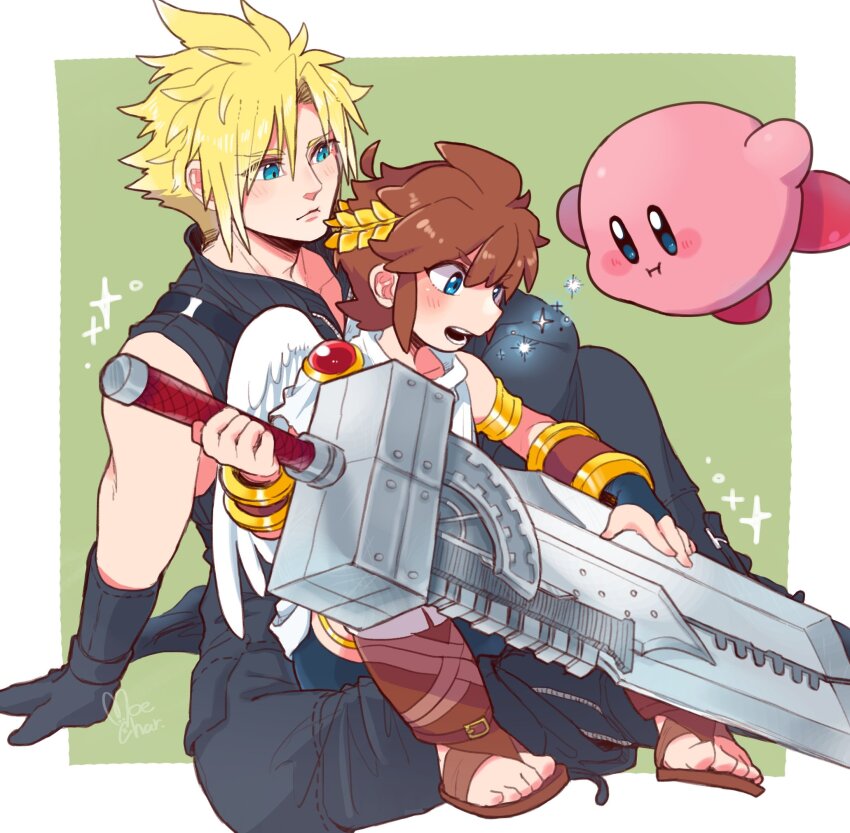 3boys, ahoge, angel, angel_wings, armlet, awestruck, black_gloves, blonde_hair