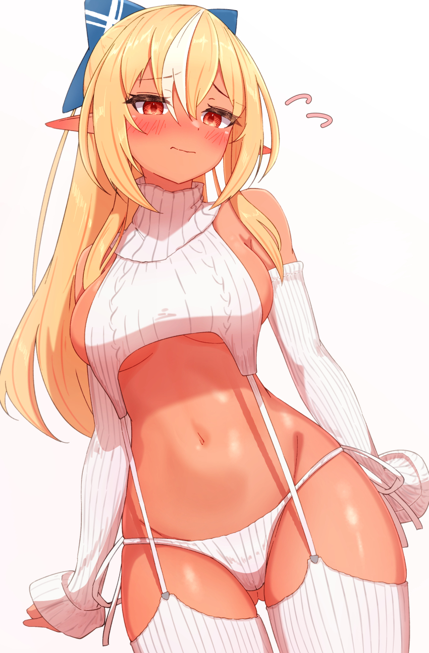 1girl, alternate_costume, blonde_hair, blush, bow, breasts, closed_mouth, dark-skinned_female