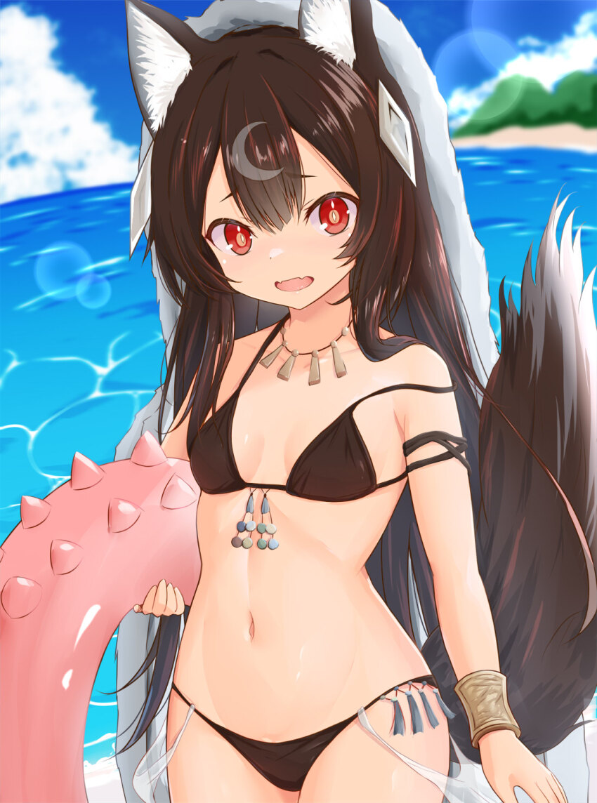 1girl, animal_ears, bikini, black_bikini, blanket, blue_sky, breasts, brown_hair