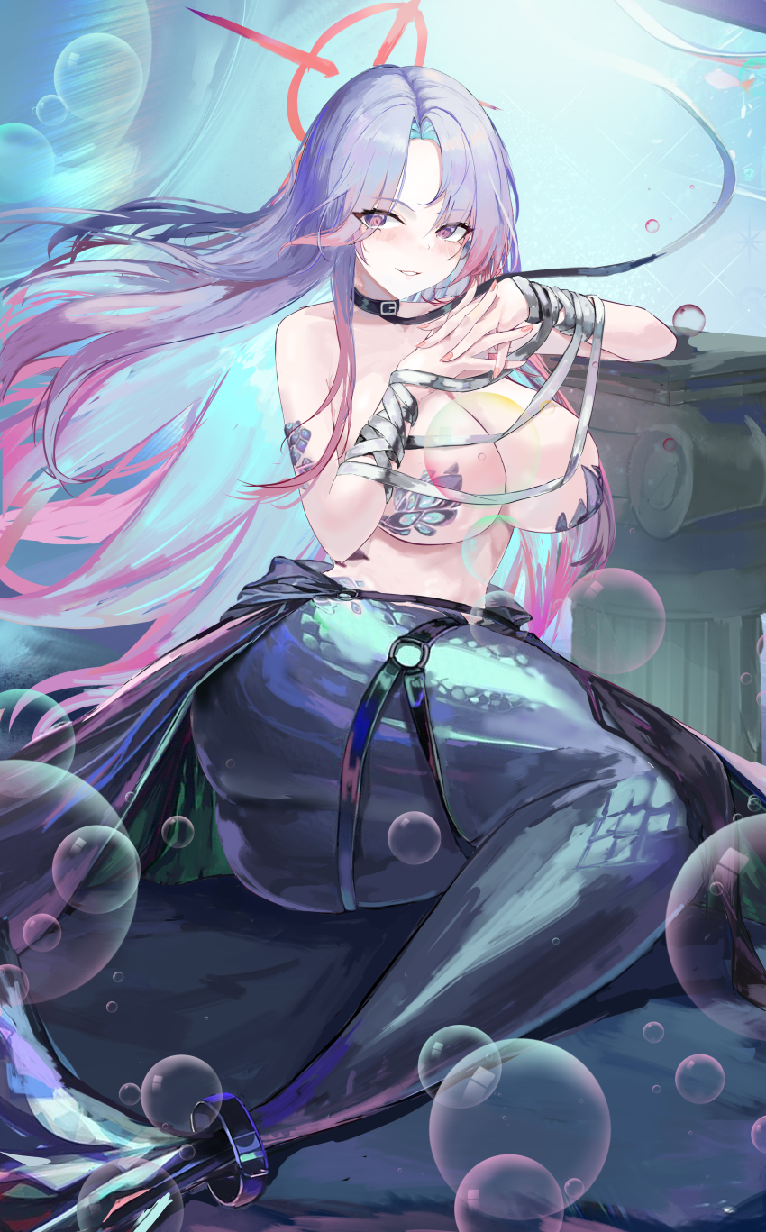 1girl, absurdres, air_bubble, ass, azur_lane, bandaged_arm, bandages, black_collar