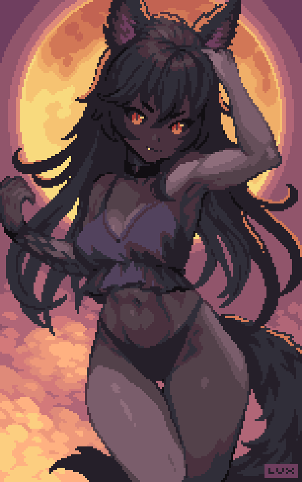 animal_ears, armpits, black_hair, bra, breasts, choker, cleavage, dark-skinned_female